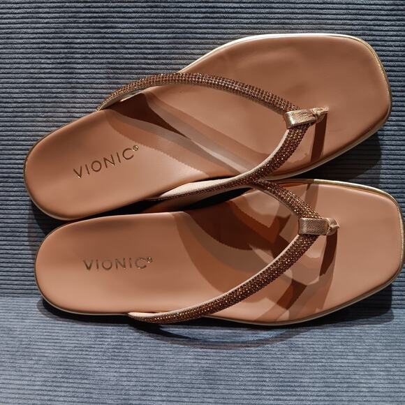 VIONIC Sparkle Vista Shine Toe Post Sandals Size 8 Gold Metallic Leather - Picture 4 of 11